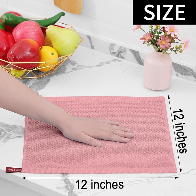 Homaxy 100% Cotton Waffle Weave Kitchen Dish Cloths, Ultra Soft Absorbent Quick Drying Dish Towels, 12 x 12 Inches, 12-Pack, Dried Rose