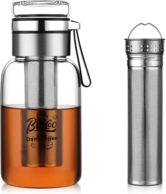 Glass Cold Brew Coffee Maker with Extended Fine Mesh Filter, Tea Infuser Bottle Iced Coffee Maker with Thick Borosilicate Glass (750ml/24oz)