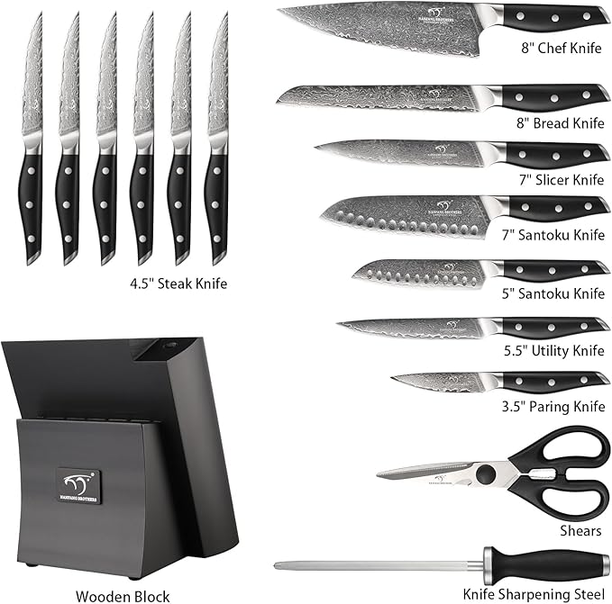 Damascus Knife Set with Block for Kitchen, VG10 Core Damascus Steel Chef Knife Set with Triple-Rivet Handle, Knife Sharpener, 16PCS with Ash Wood Knife Block