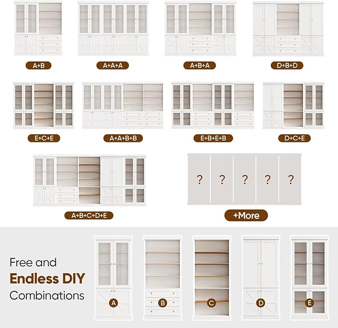 70.8" Bookshelf with Glass Doors, Farmhouse Modular Bookcase with 6-Tier Adjustable Shelves, Large Storage Cabinet for Living Room & Home Office, Set of 3, White