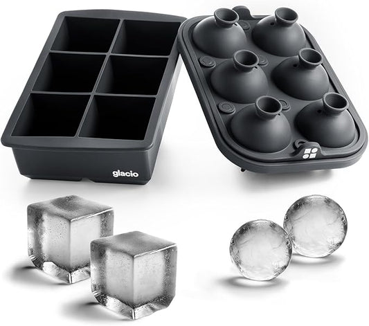 Glacio Ice Cube Molds – Large Silicone Ice & Sphere Mold Combo with Built-In Easy-Fill Funnel 2-Inch Round & Square Whiskey Ice Molds for Cocktails & Bourbon