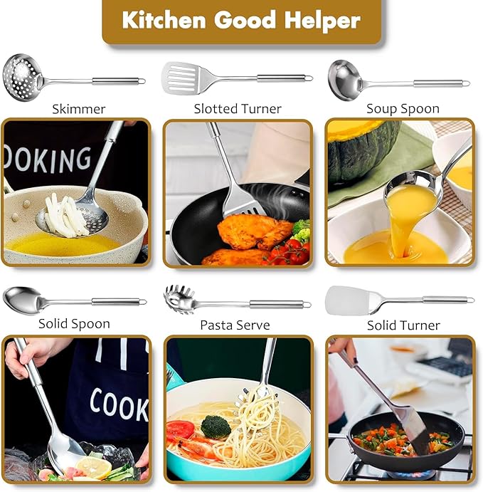Stainless Steel Kitchen Utensils Set, 10 PCS Stainless Steel Utensils Set for Cooking, Heat Resistant Spatula Cooking Utensils Set with Turners, Serving Spoon, Ladle, Skimmer, Pasta Fork