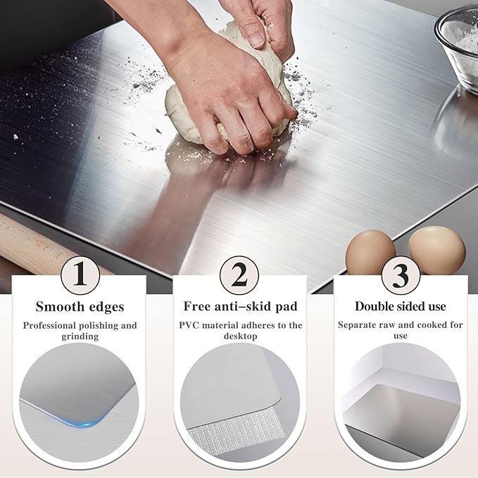 Stainless Steel Cutting Board for Kitchen - 304 Stainless Steel Chopping Boards for Baking, Double-Sided Use for Raw & Cooked Food - Ideal for Homemade Pasta, Pizza & Bread Making (19.6×19.6×0.06")