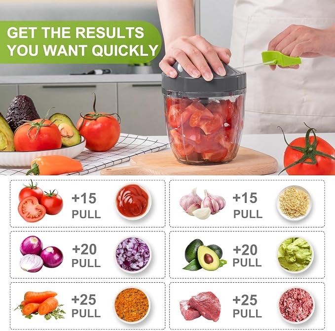 Manual Food Processor Vegetable Chopper, Portable Hand Pull String Garlic Mincer Onion Cutter for Veggies, Ginger, Fruits, Nuts, Herbs, etc., 900ml-Gray