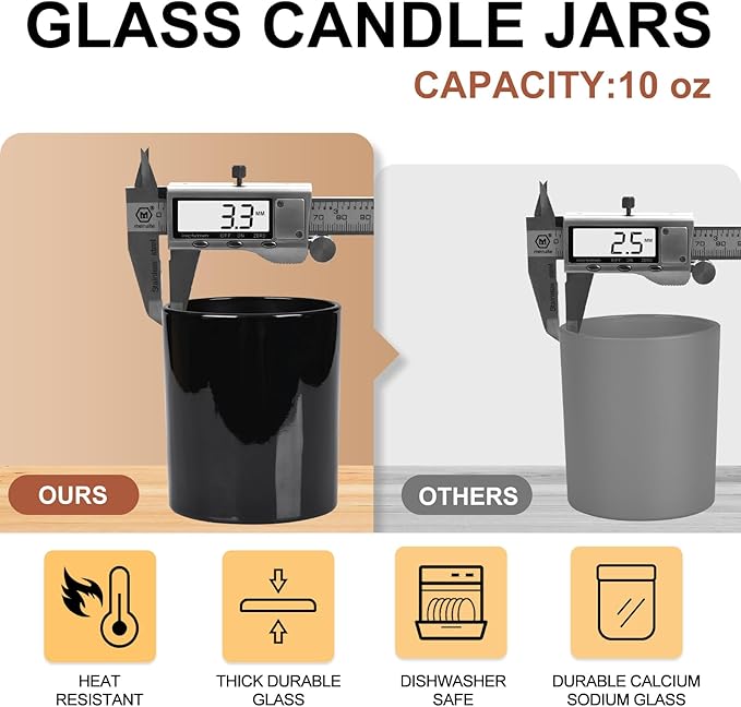 10 OZ Thick Candle Jars for Making Candles 15 Pcs, Empty Jars with Wood Lids for Candle Making, Sample Container, Light Black