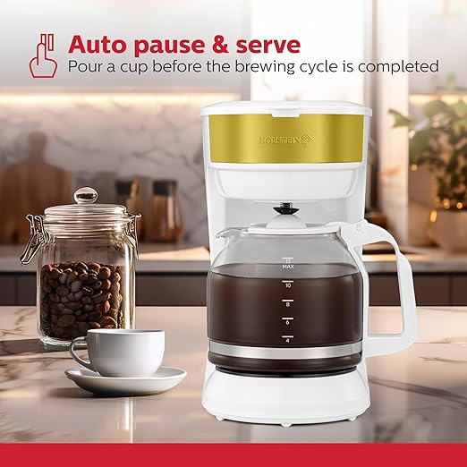 Holstein Housewares 12-Cup Coffee Maker, 61oz Drip Coffee Machine with Glass Carafe, Auto Pause & Serve, Compact Design – Ideal for Home, Office & Travel Coffee Brewing, White and Gold