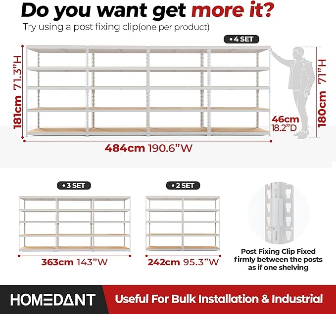 HOMEDANT White 5 Tier Laminated Boltless Heavy Duty Garage Storage Adjustable Wide Size Metal Shelving Unit Utility Rack Shelves Organization Shelf Shed Warehouse 47.7" W x 18.2" D x 71.3" H 1Pack