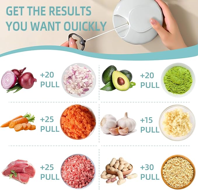 Manual Food Processor Vegetable Chopper, Hand Pull String Garlic Mincer Cutter for Veggies, Fruits, Nuts, Meat, Salad,900ml Gray