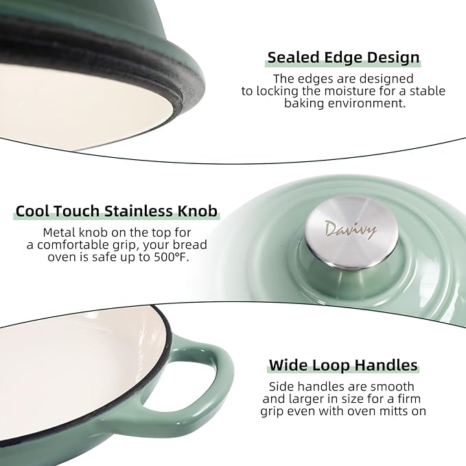 Davivy 5.5QT Sourdough Dutch Oven with Lid, 10" Round Cast Iron Bread Pan with Lid, Enameled Bread Baking Cloche, Dutch Oven for Sourdough Bread Baking, with Silicone Oven Mitts - Sea Salt Green