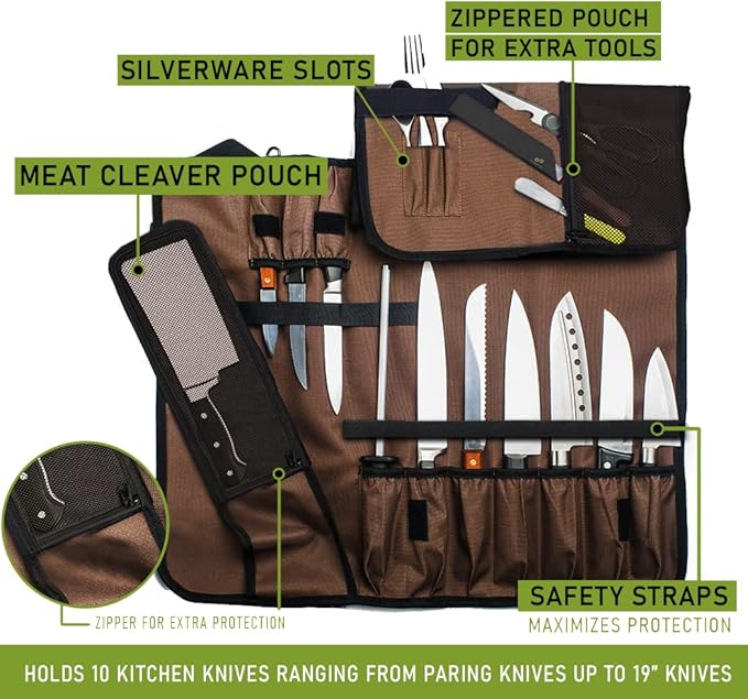 EVERPRIDE Chef Knife Roll Bag Holds 10 Knives – Contains 2 Large Zippered Pockets for Meat Cleavers and Cooking Tools – Durable Knife Carrier Case for Chefs and Culinary Students – Knives Not Included