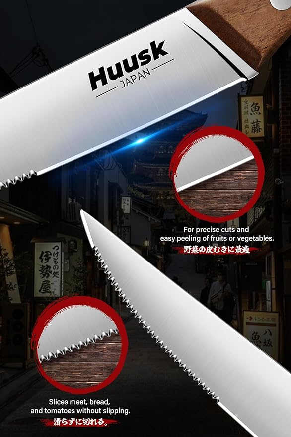 Huusk Steak Knives Set of 6 with Drawer Organizer-4.5 in Japanese Serrated Steak Knife Set with Block, Serrated & Straight Dual-Edge, Stainless Steel Steaks Knives with Holder, Gift Box for Men Wowen