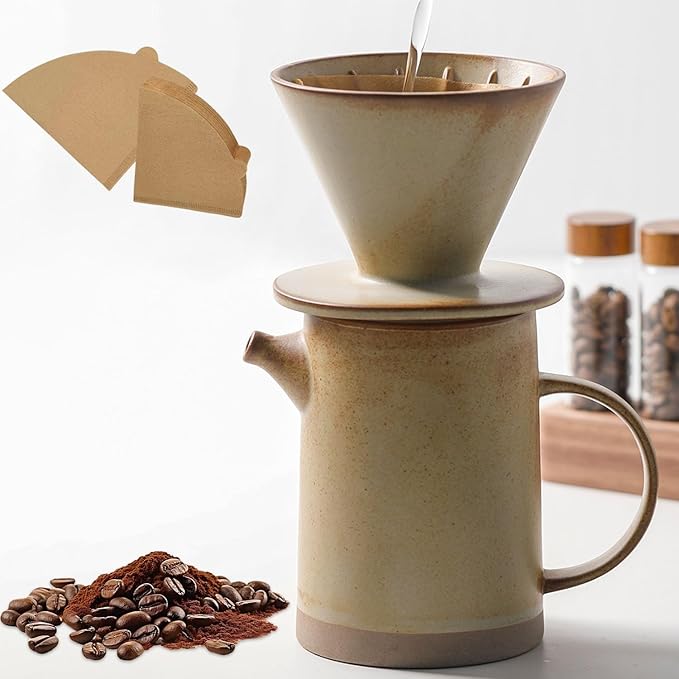 Pour Over Coffee Maker Set Vintage Ceramic Pour Over Coffee Dripper Set with 20 Count Paper Coffee Filters,for Home Café Restaurant Camping,15.8 Ounces(Yellow)