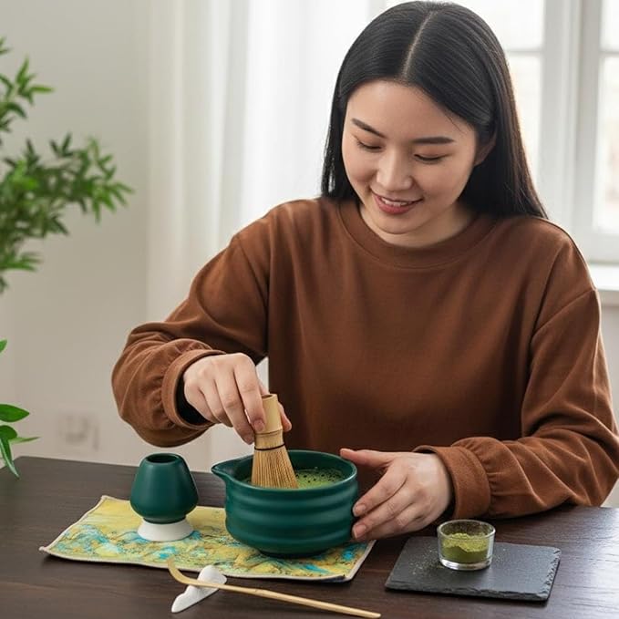 7PCS Ceramic Matcha Whisk Set - Traditional Japanese Tea Set Includes Matcha Bowl with Spout, Holder, Bamboo Whisk, Bamboo Scoop with Rest, Sifter with Tea Towel - Perfect Kit for Matcha Lovers