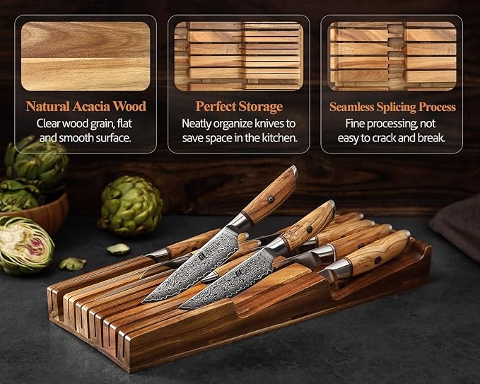 XINZUO In-drawer Knife Block, Natural Acacia Knife Drawer Oganizer, Insert-Kitchen Storage Holder, 11 Slots, Holds up to 11 Various Size Knives, Countertop Saving&Knife Protective