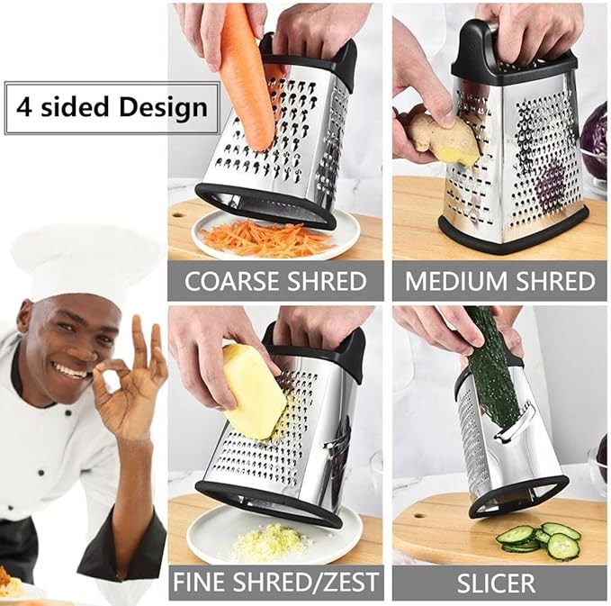 Stainless Steel 4 Sides Grater Slicer with Handle, Multifunctional Cutter Planing for Ginger, Garlic, Cucumbers, Carrots, Cheese, Potato, Ergonomic Design Kitchen Gadgets Accessories（Mint）