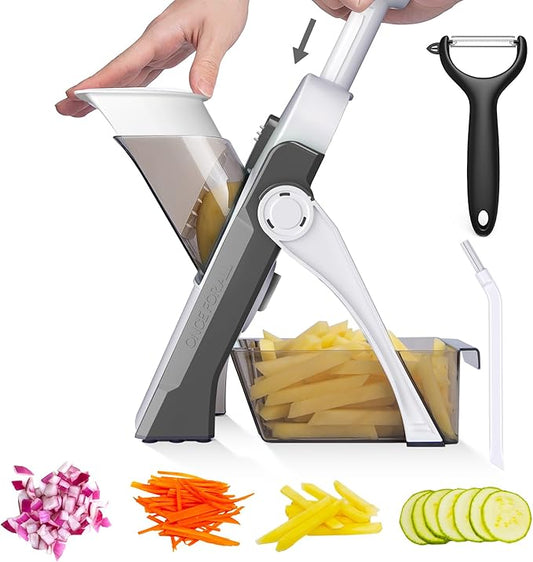 Safe Mandoline Slicer for Kitchen, 5 in 1 Vegetable Chopper, French Fry Cutter For Potatoes, Potato Slicer,Food Chopper,Adjustable Thickness 0.1-8 mm, With Peeler/Cleaning Brush, Mandolin