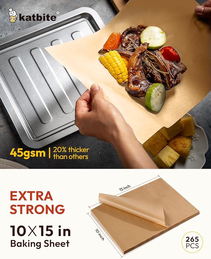 Katbite 265Pcs 10x15 inches Parchment Paper Sheets, Heavy Duty Unbleached Baking Paper, Pre-cut and Oil Proof Perfect for Steaming Cooking Bread Cake & Wrapping Foods[Advanced Series]
