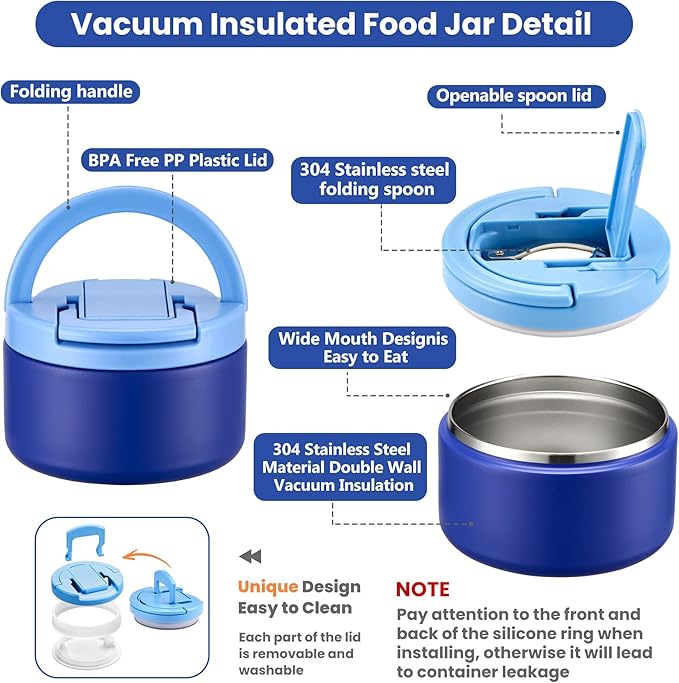 Bento Lunch Box for Kids with 8oz Soup Thermo,Kids Leakproof Lunch Food Containers with 4 Compartment,Kid Insulated Thermo Hot Food Jar for School,Trvael-Blue