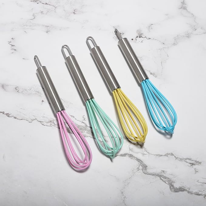 Mini Whisks 6 inch 4Pcs silica gel stainless steel Whisk, Hand Egg Mixer for Flour Cake Egg, Kitchen Cooking Baking Use Whisk （purple，yellow，cyan，blue）