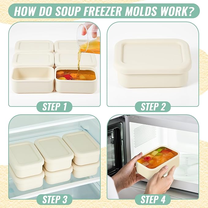 6 Packs 1 Cup Silicone Soup Freezer Molds with Lid Silicone Soup Freezer Trays Rectangle Reusable Food Preserving Tray Freezing Sauces Stews(Beige)