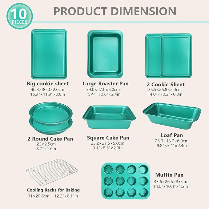 10-Piece Nonstick Bakeware Set Baking Pans, Baking Sheets, Cookie Sheets, Muffin Pan, Bread Pan, Pizza Pan, Cake Pan and Cooling Rack, Oven Safe/0.8mm Thick/Dishwasher Safe/Heavy Duty