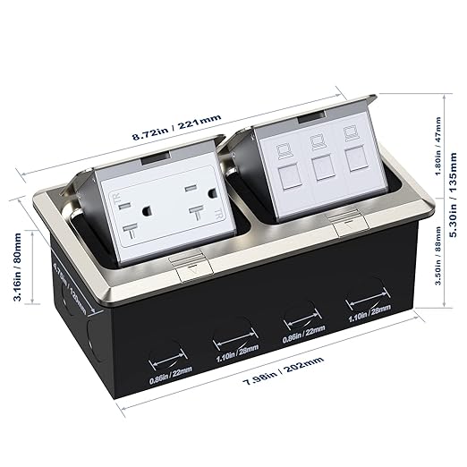 KYHSHJ Dual Pop-Up Floor Electrical Outlet Box Kit，20 Amp Stainless Steel TR Tamper-Resistant Duplex Receptacle Outlet，3-Port RJ45 Datacom Receptacle，ETL Listed,Stainless Steel Color