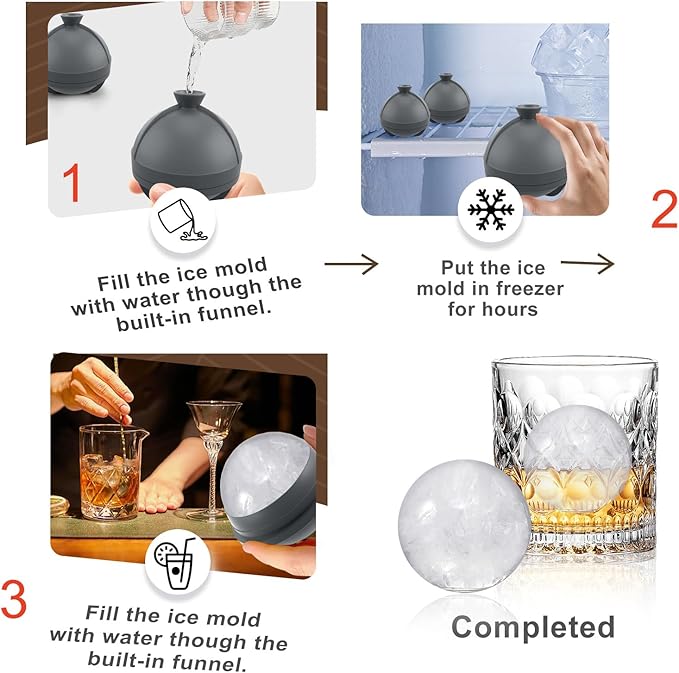 Samuelworld Large Ice Ball Maker with Lid, 4 x 2.5 Inch Round Silicone Ice Ball Mold, BPA Free, Easy To Fill Round Silicone Ice Tray, Craft Ice Maker for Whiskey, Cocktails, Gifting - Grey