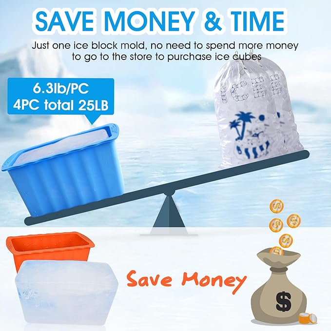 Haldane 6PCLarge Ice Cube Molds 38LB Ice Bath Water Chiller Giant Ice Block Molds Silicone Ice Block Maker For Home, Thicker Big Ice Cube Tray Reusable Athletes Cold Plunge Accessories,Blue+Orange