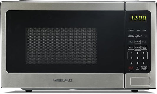 Farberware 0.9 Cu. Ft. Countertop Microwave Oven – 900 Watts Power, Auto Cook Settings, Defrost, Easy Clean and Child Safety Lock-Stainless, Stainless Steel