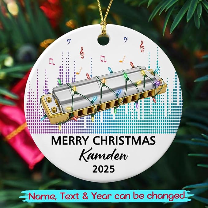 Customized Text Year Name Harmonica Instrument Player Ceramic Ornament, Personalized Harmonica Christmas Ornaments Gift for Harmonicist Women Men Friends Brother Sister, Harmonicas Musical Ornament