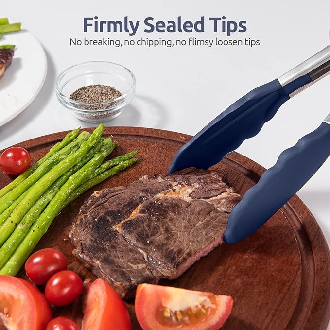 Heat Resistant Silicone Kitchen Tong: U-Taste 16 inch Extra Long Large 480ºF Hot Proof Cooking Tong with Sturdy Non Stick Rubber Tips & Non Slip Silicon Coated Steel Handle for Grill BBQ-Midnight Blue