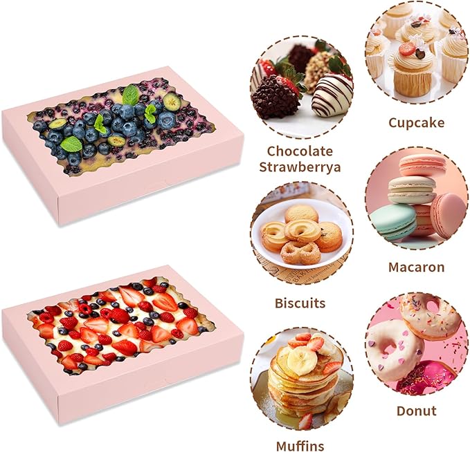 Cookie Boxes,14x10x2.5 Inch Large Bakery Boxes with Window for Pies Chocolate Strawberries Muffins Donuts Pastry Dessert Christmas(Pink, 14 * 10 * 2.5inch/24pcs)