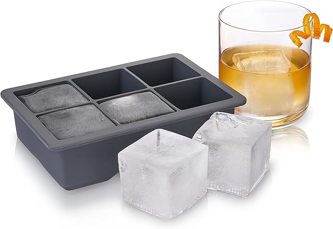 Viski Whiskey Ice Cube Tray with Lid, Large Makes Six 2-Inch Ice Molds, Perfect for Cocktails, Whiskey, Bourbon, and More, Stackable Silicone Molds for Home Bar and Parties, Set of 1, Grey