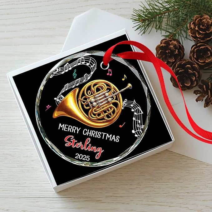 Musical Instrument Glass Ornament Christmas 2025, Personalized French Horn Player Xmas Ornaments, French Horn Glass Ornament Gifts for Musician, Custom Text & Name Instrument Lover Christmas Keepsake