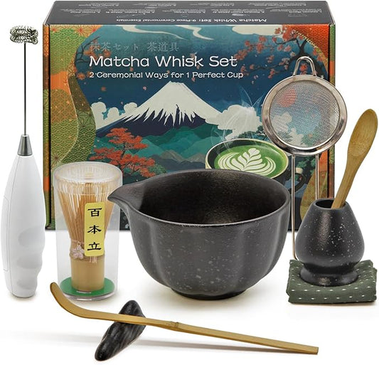 Matcha Whisk Set Incl. Ceramic Bowl With Spout, Whisk (Chasen), Stand, Bamboo Scoop, Sifter, Electric Frother, Tea Towel etc. 9 Pcs Matcha Making Starter Kit, Mottled Black