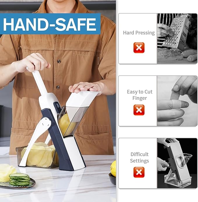 Safe Mandoline Slicer for Kitchen, Meal Prep, Potato Slicer, Adjustable/Easy to Clean/Storage, Kitchen Chopping Artifact, French Fry Cutter,Paring Knife/Cleaning Brush (only Slice, DarkBlue)