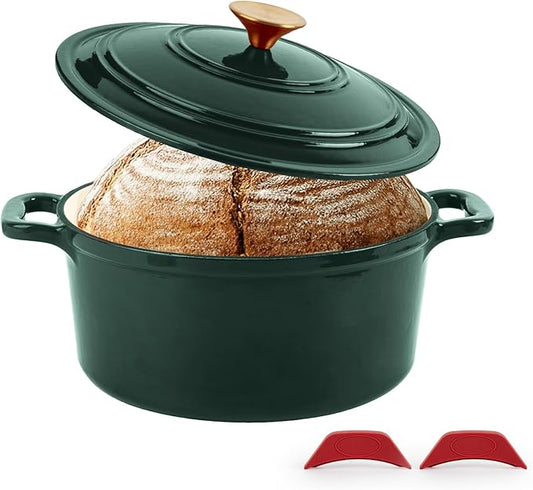 Enamel Cast Iron Dutch Oven with Lid, Round Casserole Pot for Bread Baking, Braising, Roasting, and Stews, Heavy-Duty, Oven Safe, Induction Compatible (4.7QT,Green)