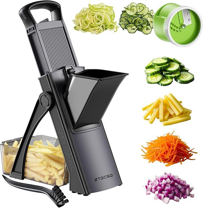 [All in 1] Upgraded Version Safe Mandoline Slicer for Kitchen, Adjustable Thickness. and Spiralizer, Veggie Slicer, Rapid Prep Mandoline, Detachable Blade, Cleaning Brush (Black Knight)