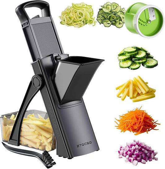 [All in 1] Upgraded Version Safe Mandoline Slicer for Kitchen, Adjustable Thickness. and Spiralizer, Veggie Slicer, Rapid Prep Mandoline, Detachable Blade, Cleaning Brush (Black Knight)