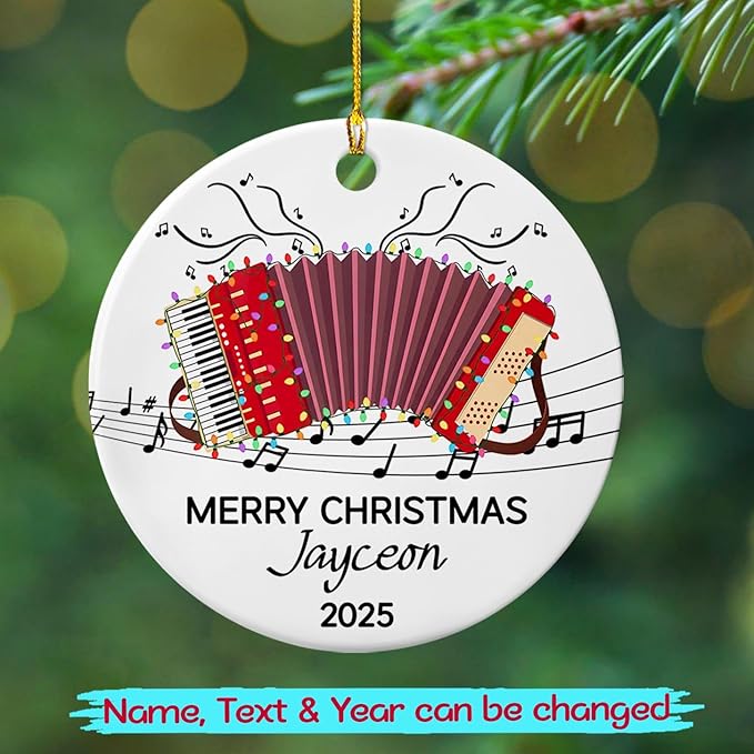 Unique Accordion Musical Ceramic Xmas Ornament 2025, Customized Year Text Name Accordionist Christmas Ornaments Gift for Accordion Player Friends Daughter Son Dad Mom,Personalized Accordions Ornament