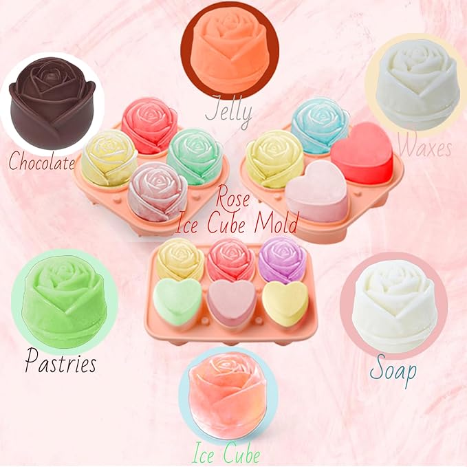 Silicone Ice Cube Trays for Freezer, 2 Pack Cute Ice Cube Tray with Lid,Rose Ice Mold and Heart Ice Mold Make 6 Giant Cute Flower Shape Ice for Cocktails Whiskey Bourbon,Father's day gifts
