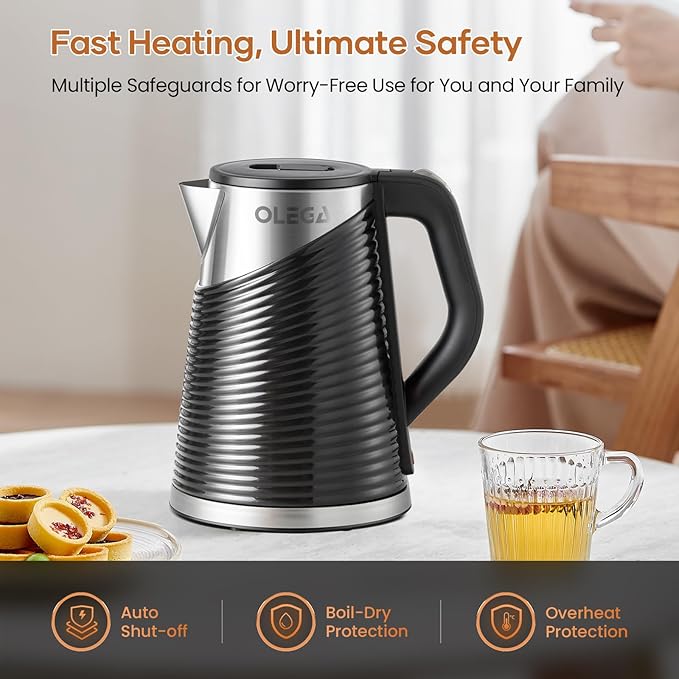 OLEGA Electric Kettle: 1500W 1.8L Electric Kettles for Boiling Water, BPA-Free Stainless Steel Electric Hot Water Kettle Auto Shut Off Water Boiler Tea Kettle Teapot for Tea Coffee Black
