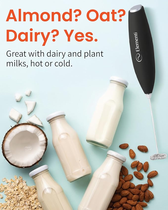 Elementi Electric Milk Frother Handheld - Make Creamy Lattes, Delicious Cappuccinos and Perfect Drinks - Compact Mixer & Coffee Stirrer with Whisk - White