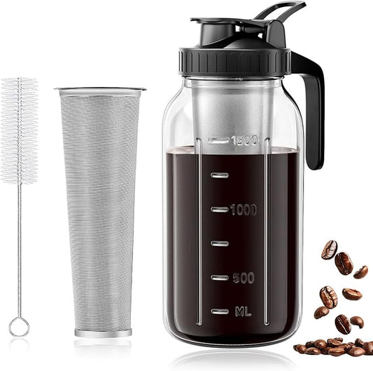 64oz Mason Jar Cold Brew Coffee Pitcher with Stainless Steel Filter & Pour Spout Lid – Airtight Glass Iced Coffee Maker for Tea, Lemonade, Juice – Easy Clean & BPA-Free (1.9L)
