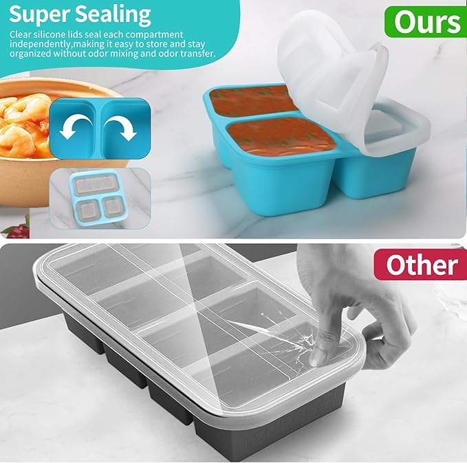 BPA-Free Silicone Freezer Molds, Leak Proof Stackable,1/2-Cup and 1-Cup Portion Control Soup Cubes Freezer Tray with Lids for Meal Prep, Broth, Stews, Leftovers(Blue 4 Pack)
