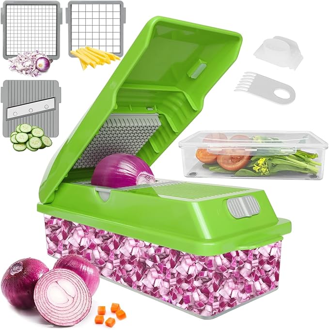 LHS Multifunctional Vegetables Chopper with Container, Manual Processor Cutter, Pro Onion Cutter, Vegetable Slicer Dicer Cutter with 3 Blades, Veggie Salp Chopper(6-in-1,Green)
