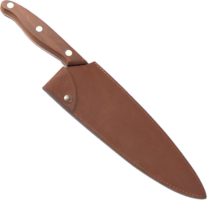 Cuisine Romefort | Sharp Carbon Steel Chef's Knife XC75, 8.7 in blade, with Leather sheath | chef knives with wooden handle | kitchen knife hardened with 58 Rockwell