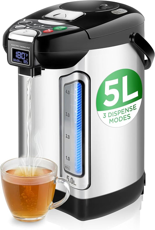 NutriChef Digital Water Boiler and Warmer - 5L/5.28 Qt Stainless Electric Hot Water Dispenser w/LCD Display, Rotating Base, Keep Warm, Auto Shut Off, Safety Lock, Instant Heating for Coffee & Tea