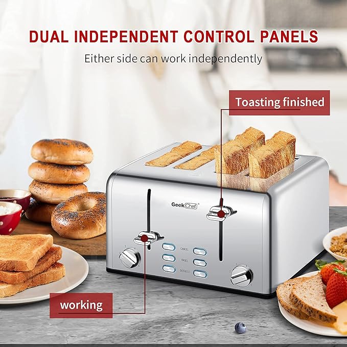 Toaster 4 Slice, Geek Chef Stainless Steel Toaster with Extra Wide Slots，4 Slot Toaster with Bagel/Defrost/Cancel Function, Dual Control Panel of 6 Toasting Bread Shade Settings, Removable Crumb Trays, High Lift Lever, ETL