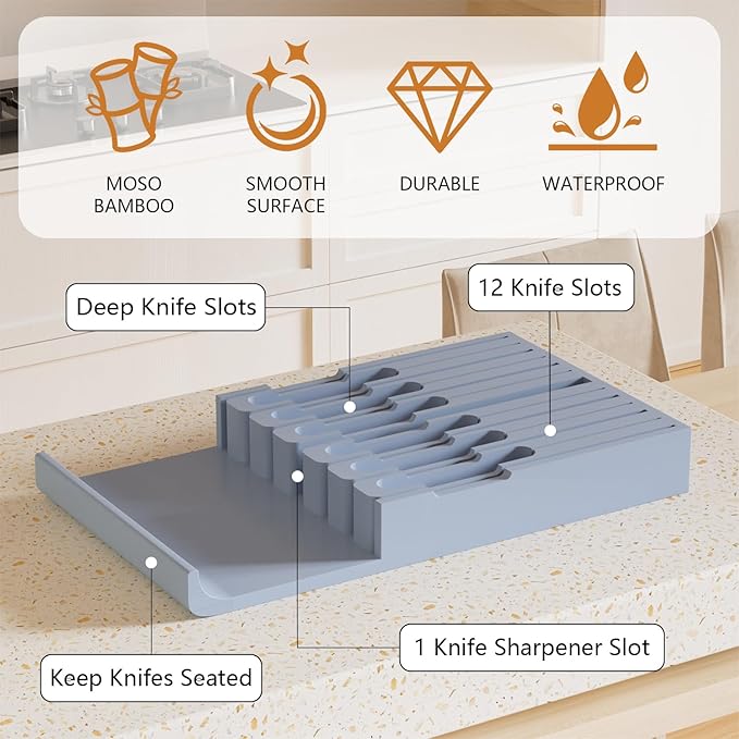 Domax Bamboo In-drawer Knife Block - Knife Drawer Organizer Insert Large Handle Steak Knife Holder, Kitchen Drawer Knife Organizer Fits for 12 knives and 1 Sharpening Steel (Not Included), Gray